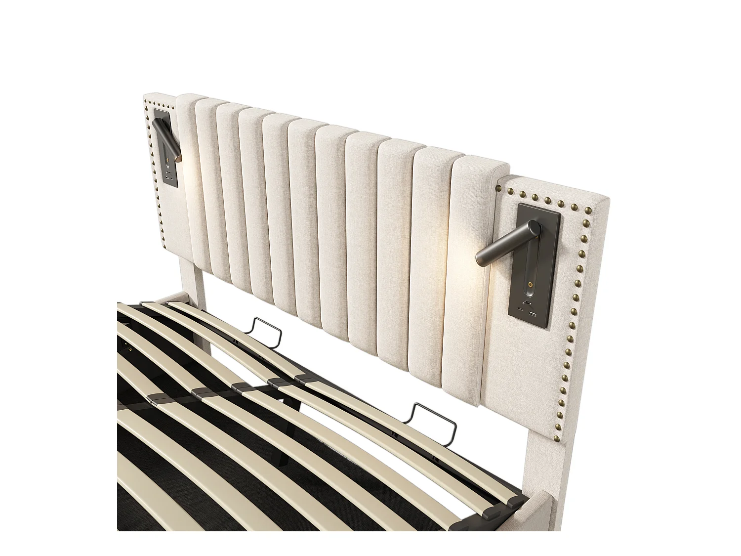 Lit coffre adulte 160x200 cm avec sommier - tête de lit avec USB et lumière de lecture - coton - beige (sans matelas)