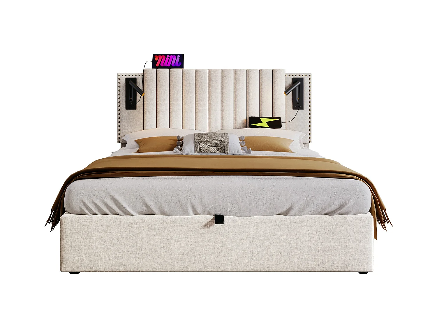 Lit coffre adulte 160x200 cm avec sommier - tête de lit avec USB et lumière de lecture - coton - beige (sans matelas)