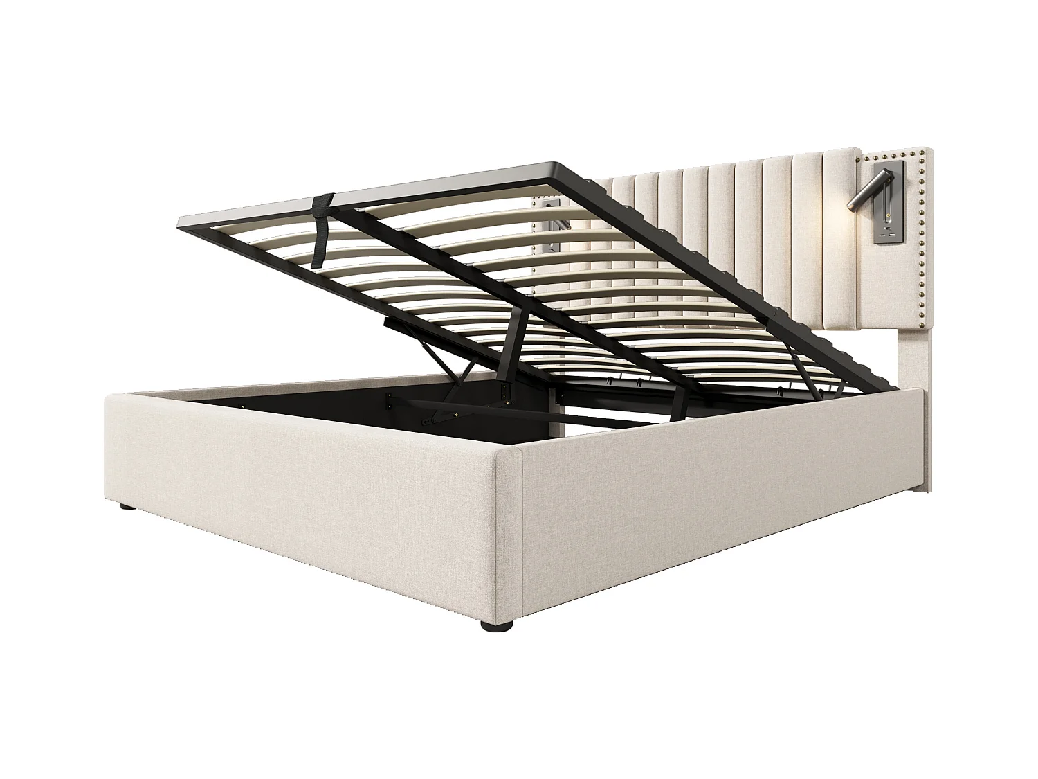 Lit coffre adulte 160x200 cm avec sommier - tête de lit avec USB et lumière de lecture - coton - beige (sans matelas)