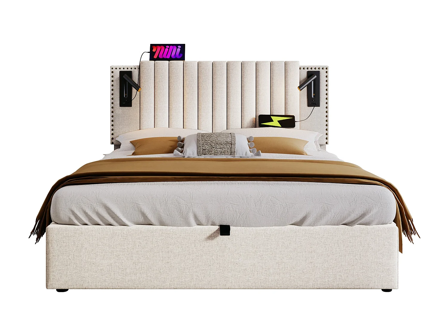 Lit coffre 160x200 cm avec sommier - tête de lit avec USB et lumière de lecture - coton - beige (sans matelas)