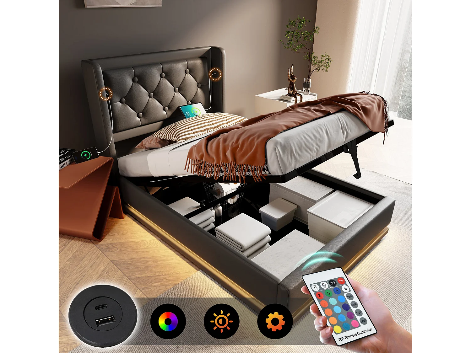 Lit coffre enfant 90x200 cm avec sommier - tête de lit capitonnée avec USB et LED - similicuir - noir (sans matelas)