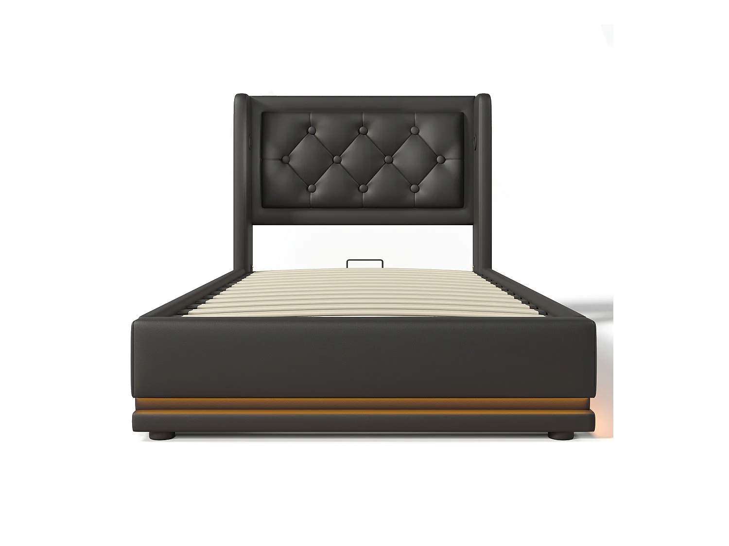 Lit coffre enfant 90x200 cm avec sommier - tête de lit capitonnée avec USB et LED - similicuir - noir (sans matelas)