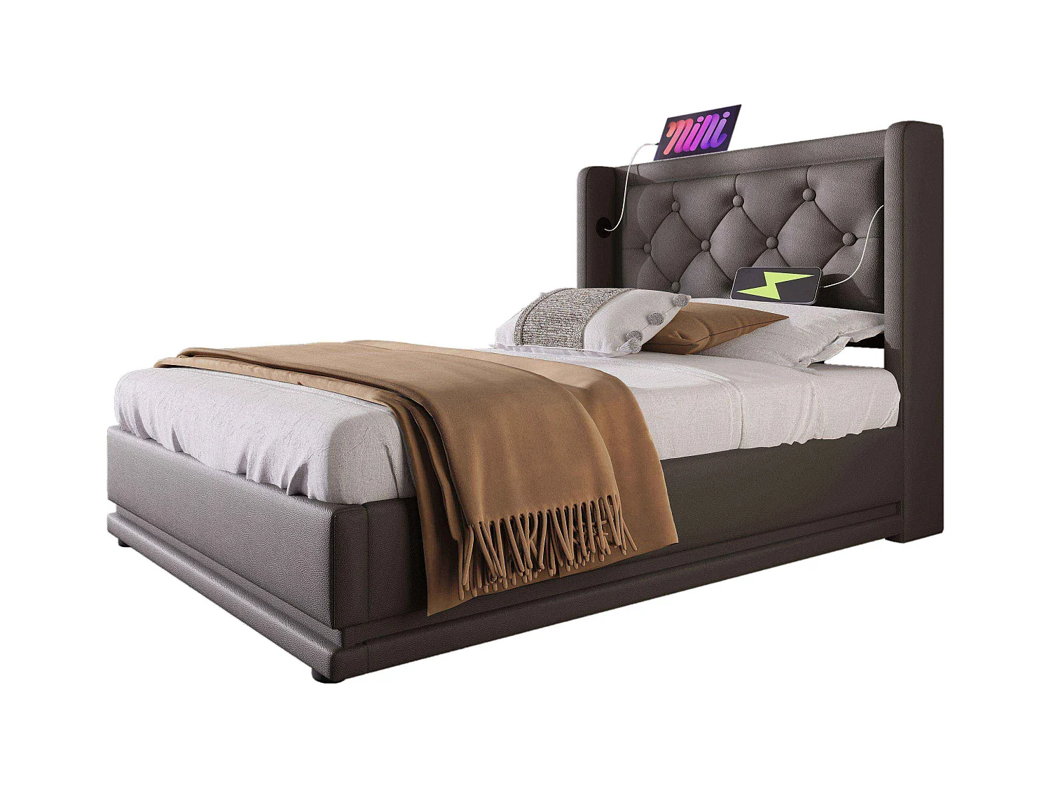 Lit coffre enfant 90x200 cm avec sommier - tête de lit capitonnée avec USB et LED - similicuir - noir (sans matelas)