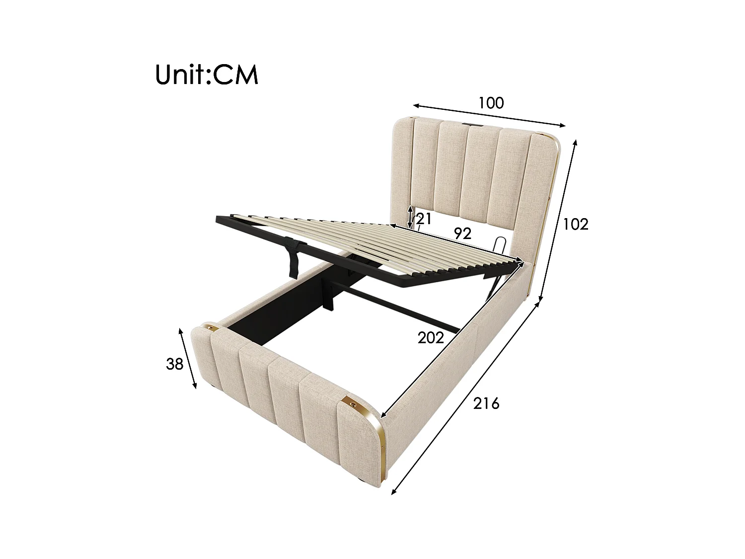 Lit coffre 90x200 cm avec sommier - tête de lit capitonnée avec USB - tissu lin - beige (sans matelas)