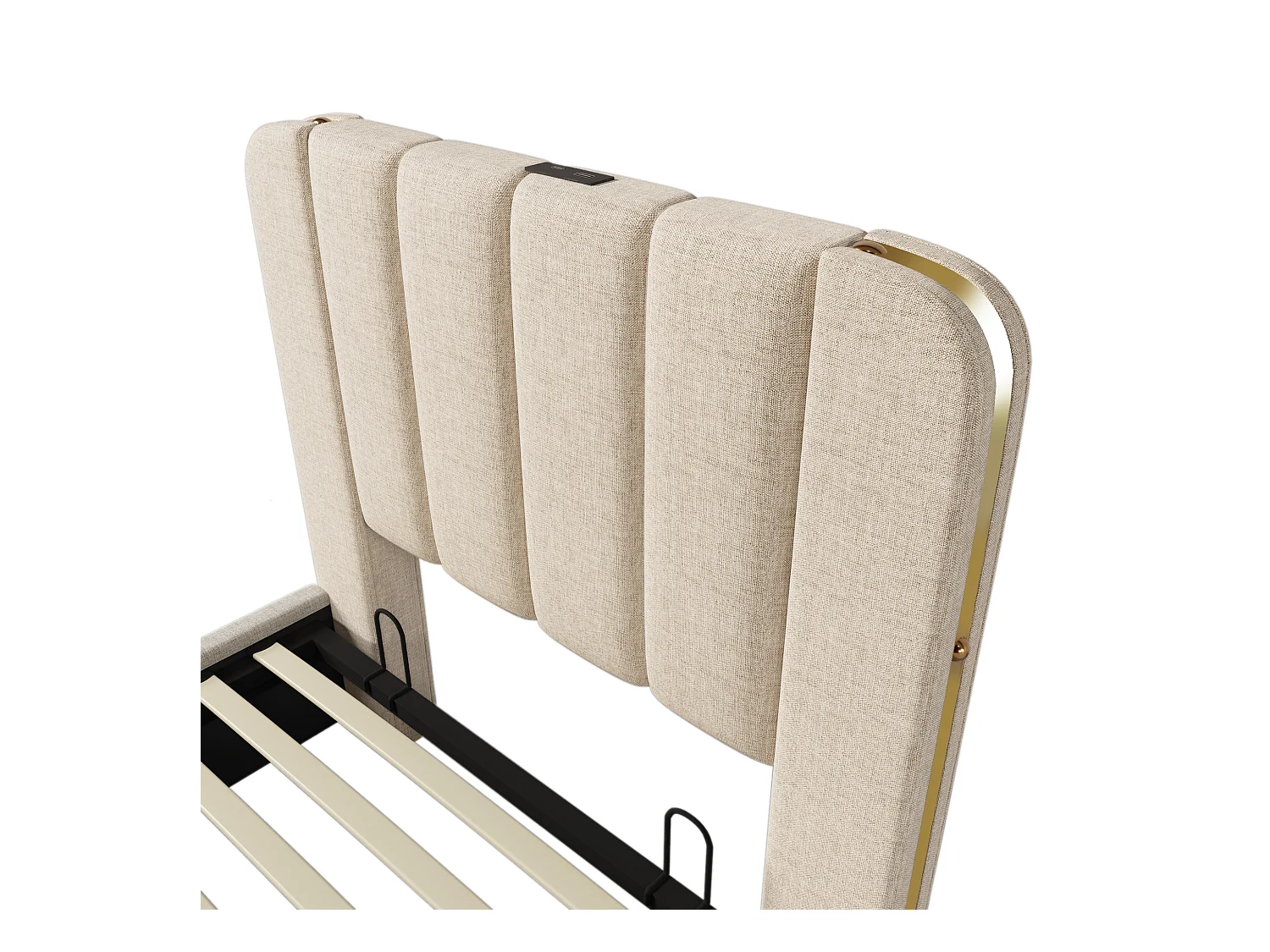 Lit coffre 90x200 cm avec sommier - tête de lit capitonnée avec USB - tissu lin - beige (sans matelas)