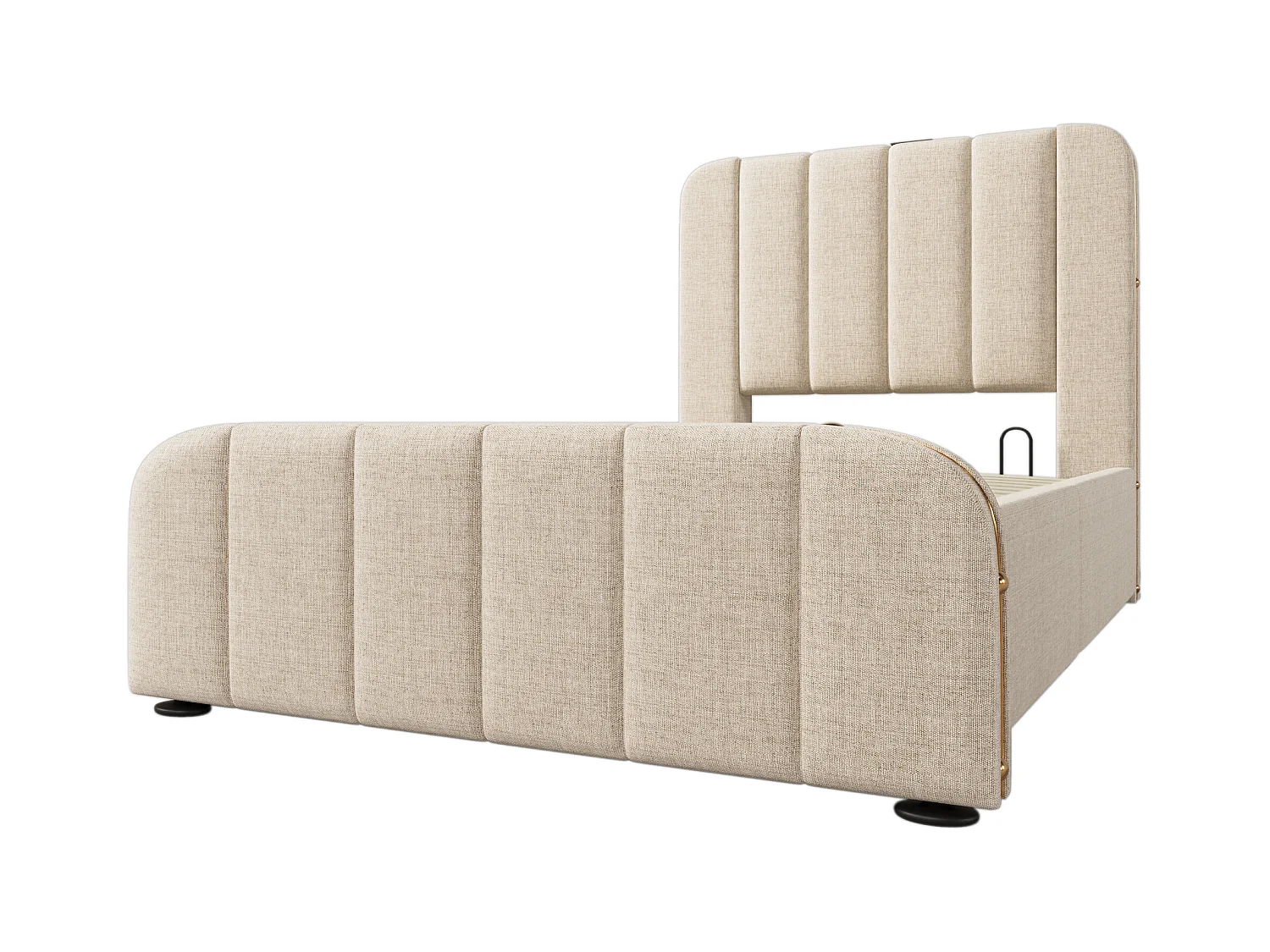 Lit coffre 90x200 cm avec sommier - tête de lit capitonnée avec USB - tissu lin - beige (sans matelas)