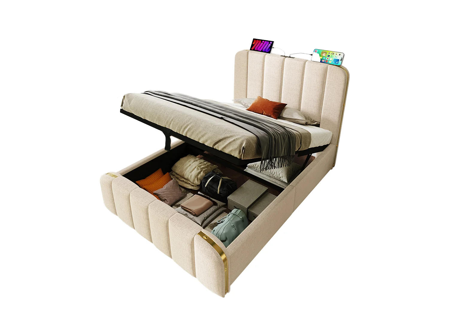 Lit coffre 90x200 cm avec sommier - tête de lit capitonnée avec USB - tissu lin - beige (sans matelas)