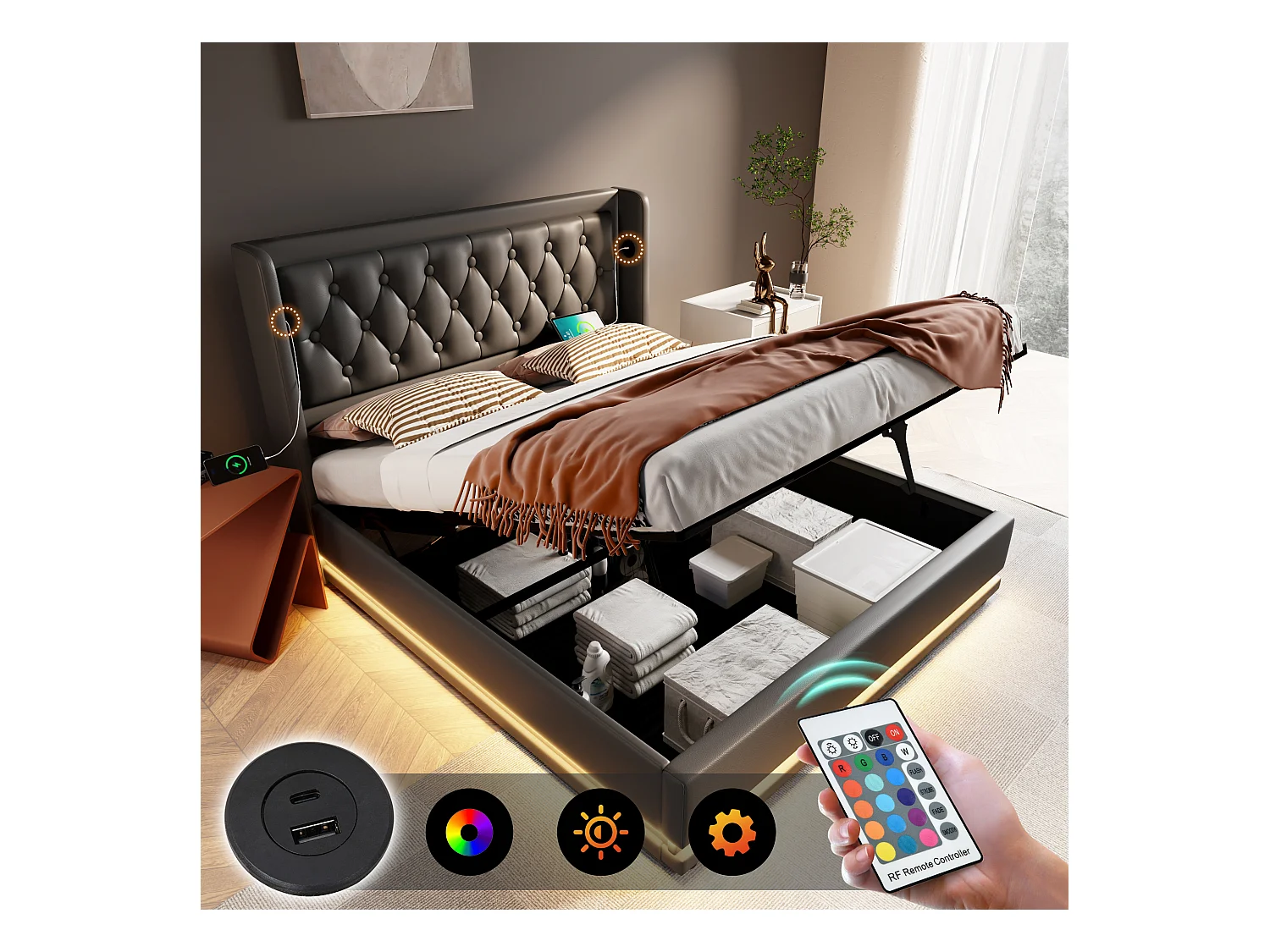 Lit coffre adulte 160x200 cm avec sommier - tête de lit capitonnée avec USB et LED - similicuir - noir (sans matelas)