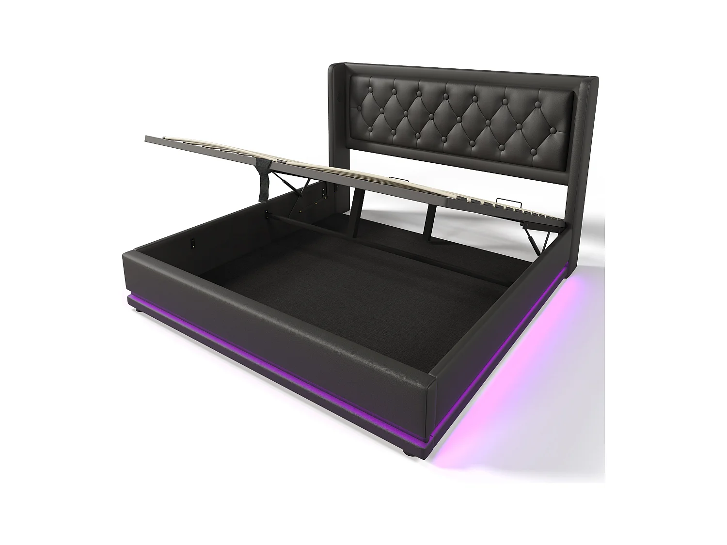 Lit coffre adulte 160x200 cm avec sommier - tête de lit capitonnée avec USB et LED - similicuir - noir (sans matelas)