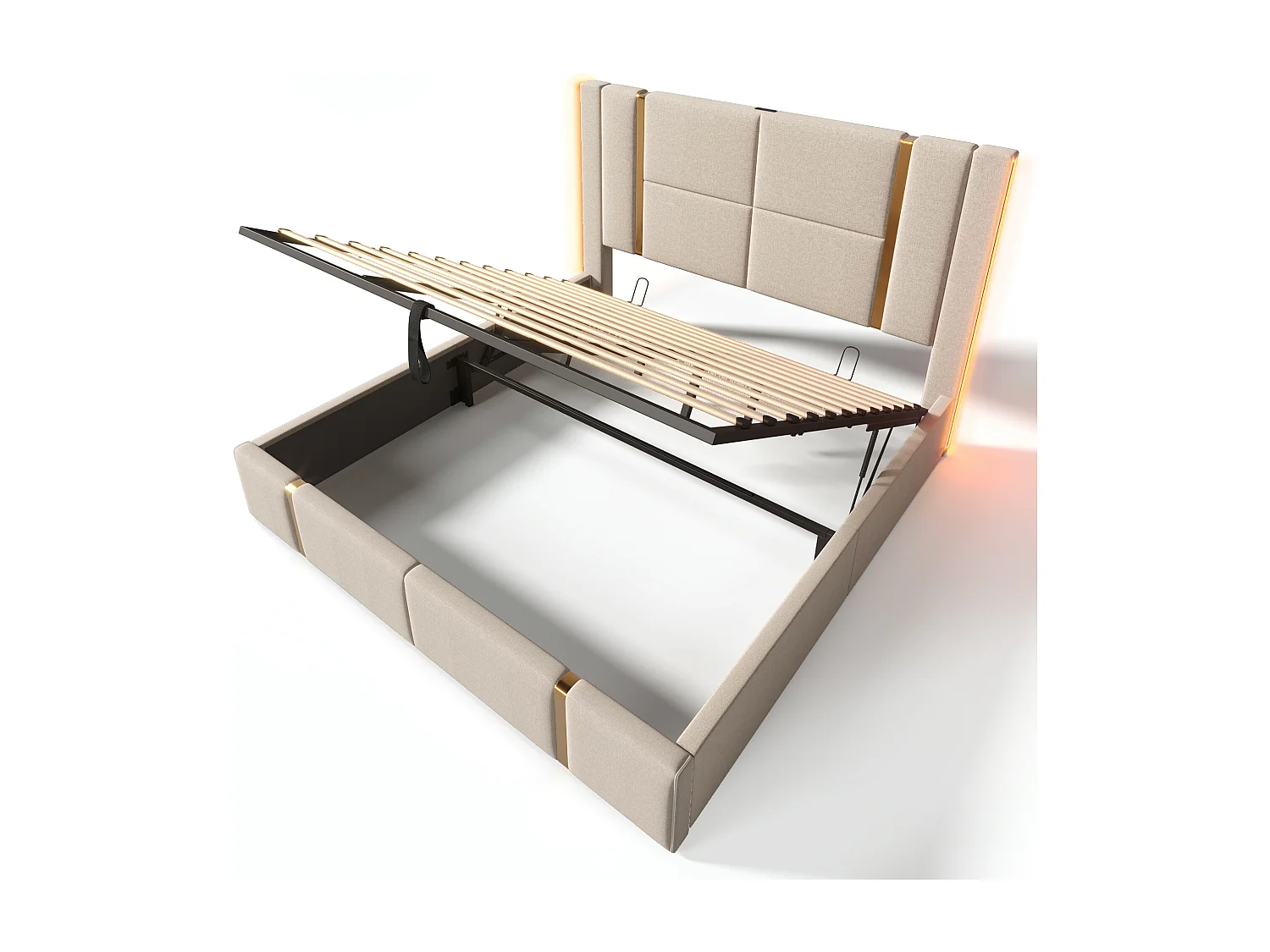 Volwassen opbergbed 180x200 cm met bedbodem - gewatteerd hoofdeinde met USB en LED - linnen - beige (zonder matras)