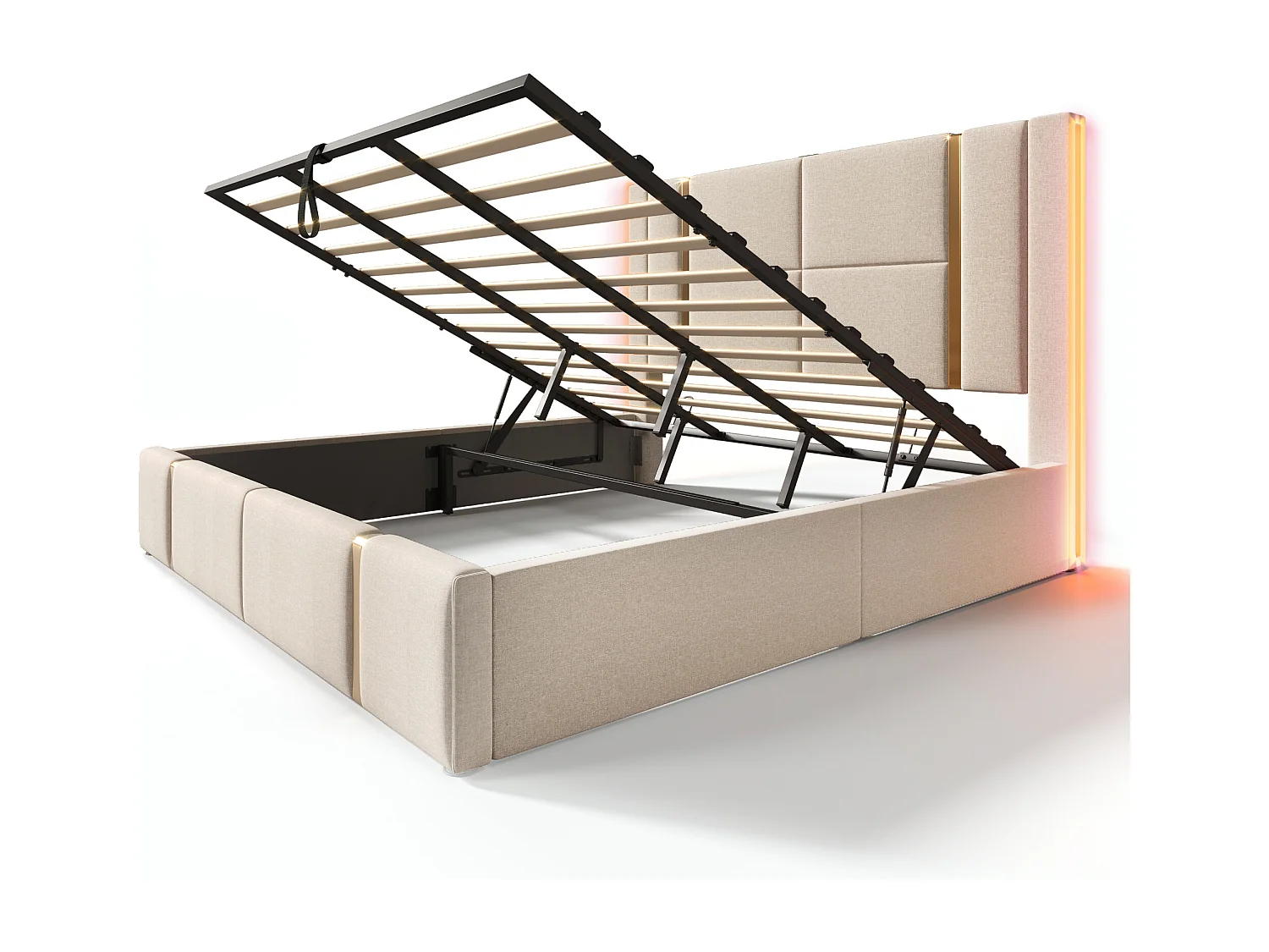 Lit coffre 180x200 cm avec sommier - tête de lit capitonnée avec USB et LED - lin - beige (sans matelas)