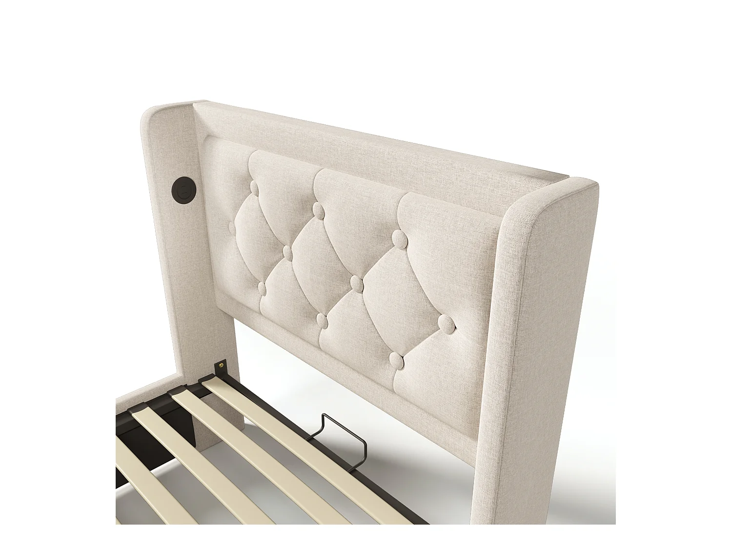 Lit coffre 90x200 cm avec sommier - tête de lit capitonnée avec USB et LED - coton - beige (sans matelas)