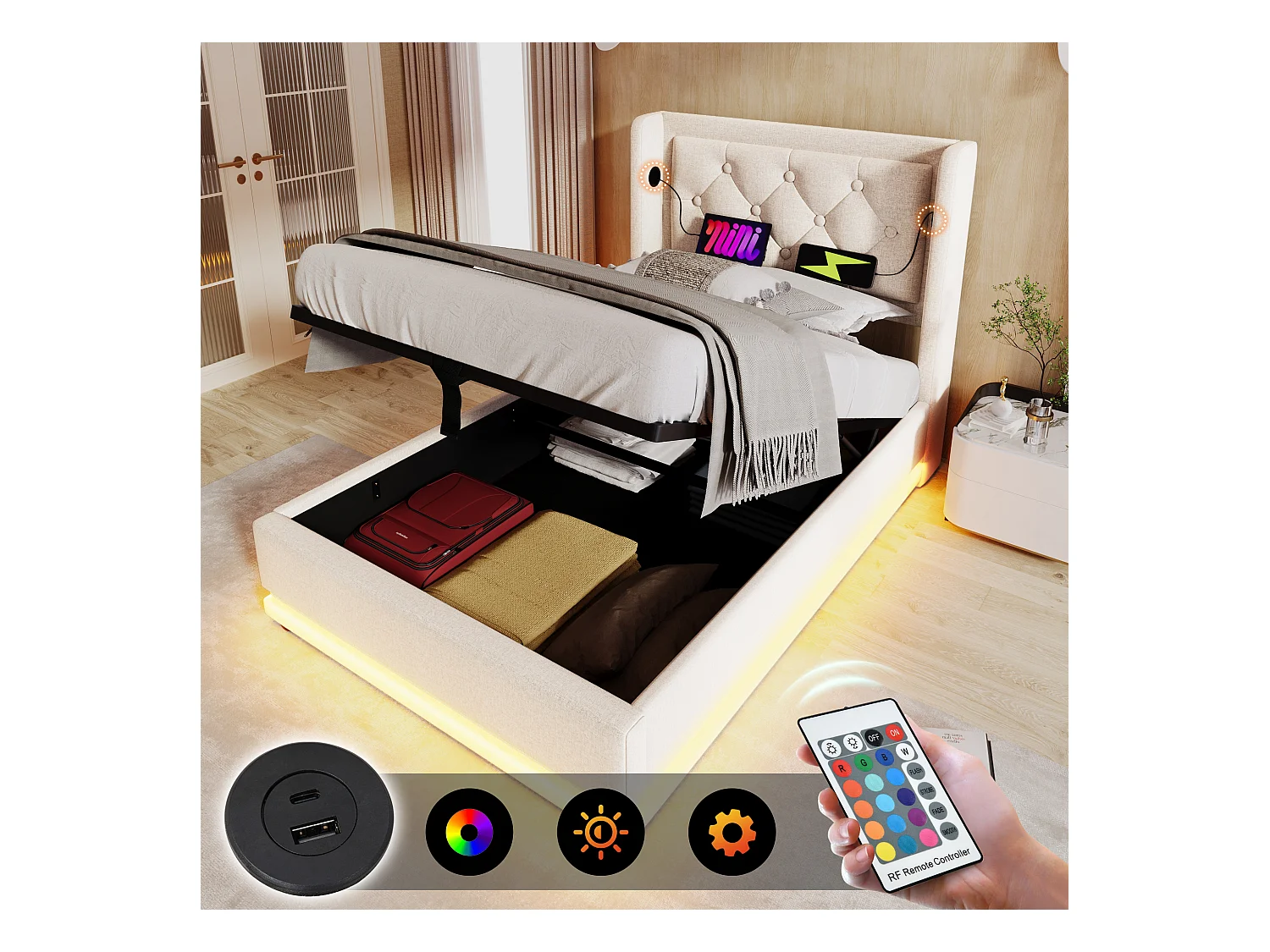 Lit coffre enfant 90x200 cm avec sommier - tête de lit capitonnée avec USB et LED - coton - beige (sans matelas)