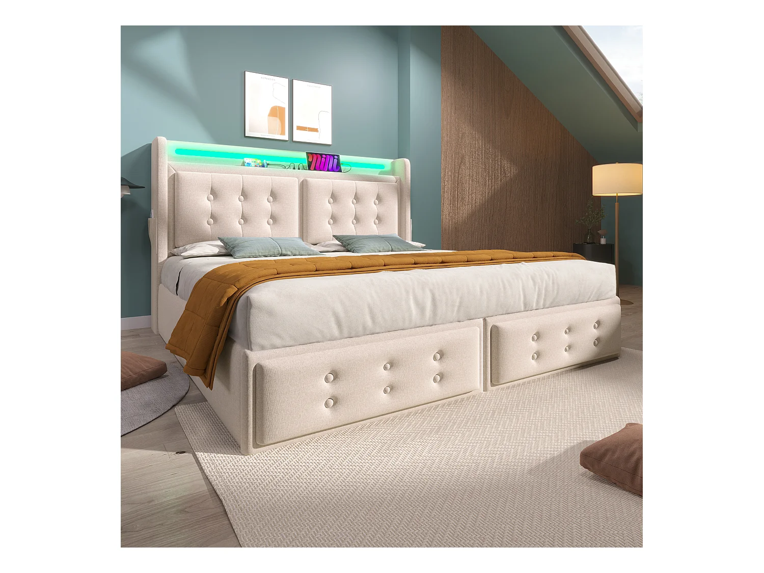 Lit coffre adulte 180x200 cm avec sommier - tête de lit capitonnée avec USB et LED - coton et lin - beige (sans matelas)