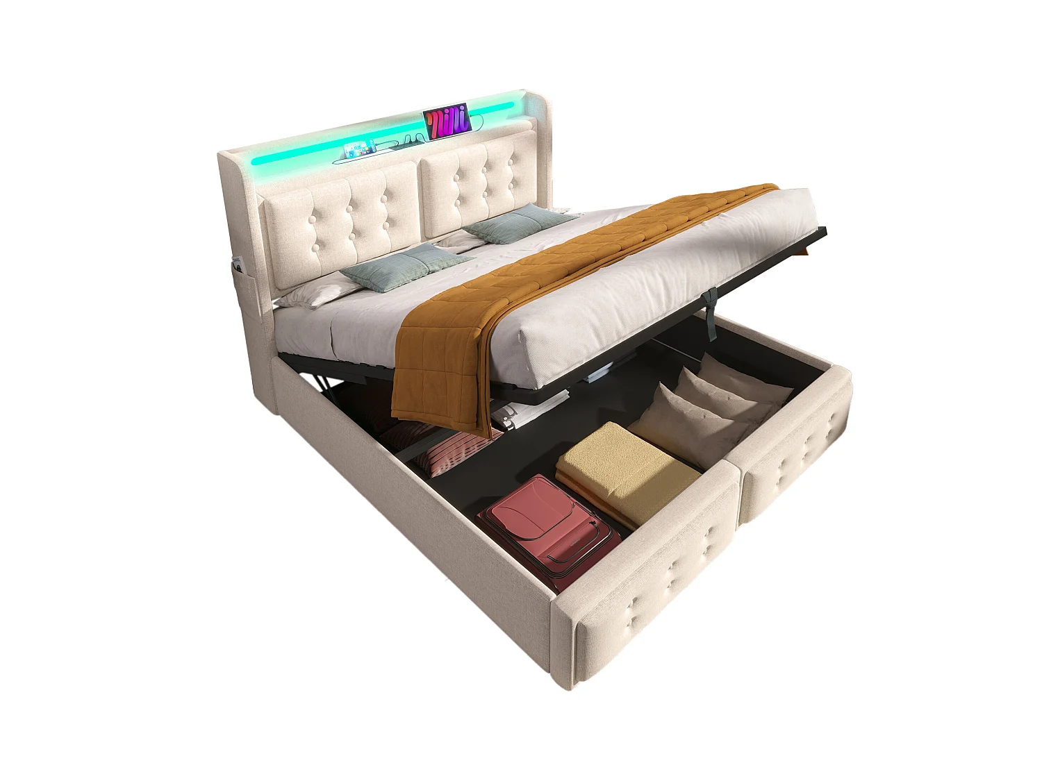 Lit coffre adulte 180x200 cm avec sommier - tête de lit capitonnée avec USB et LED - coton et lin - beige (sans matelas)