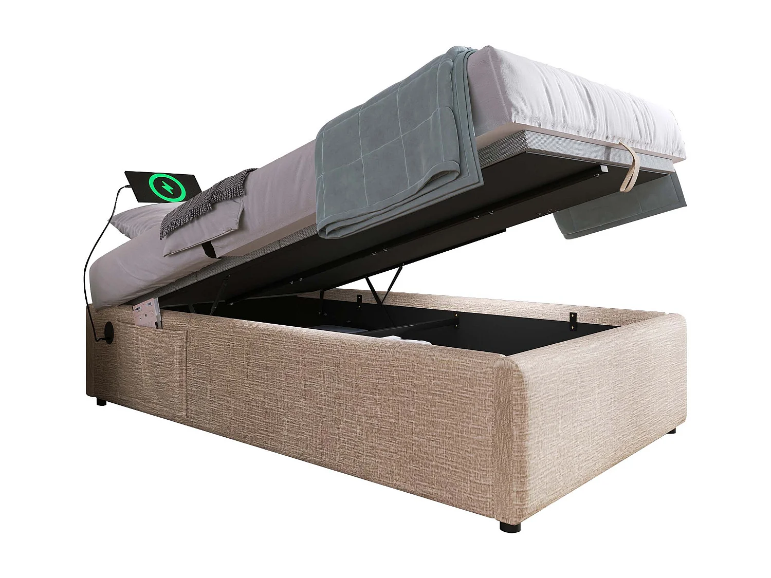 Kinderbed met opbergruimte 90x200 cm - gestoffeerd bed met USB - linnen - beige - zonder hoofdbord en matras