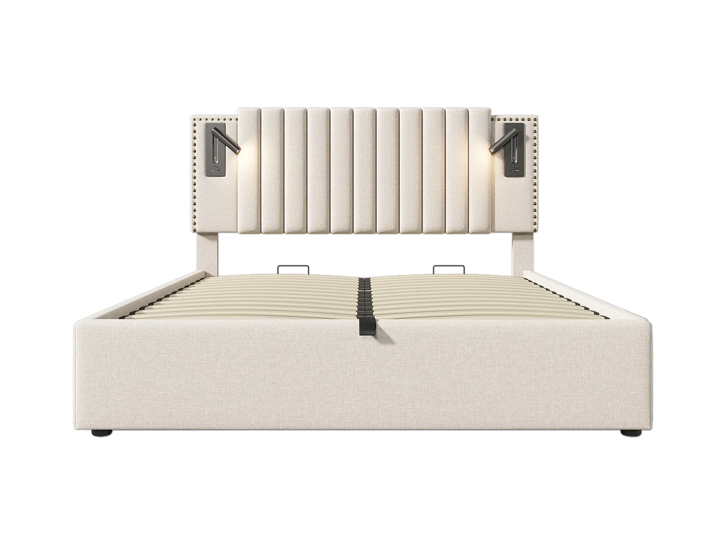 Lit coffre adulte 140x200 cm avec sommier - tête de lit avec USB et lumière de lecture - coton - beige (sans matelas)