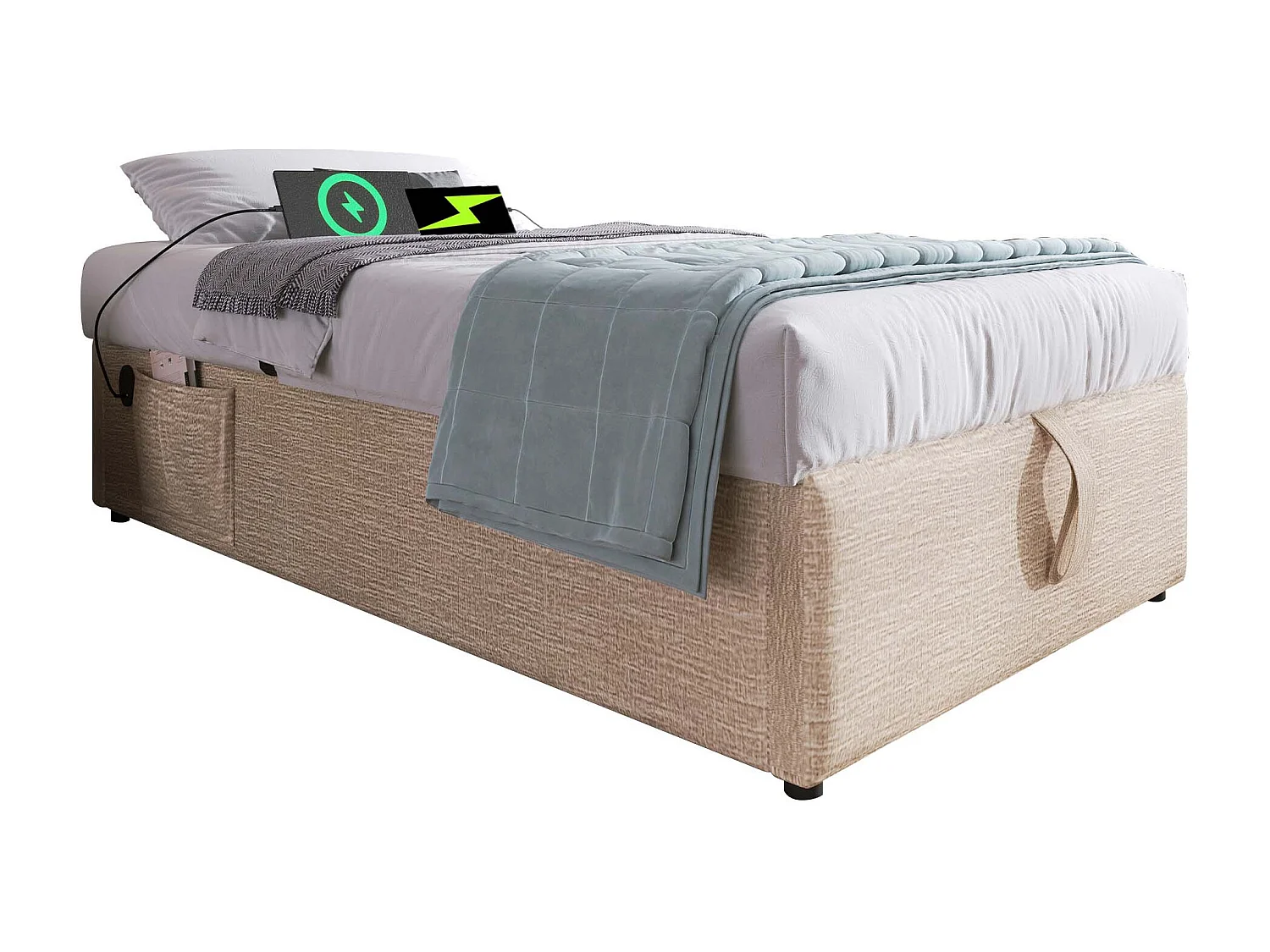 Kinderbed met opbergruimte 90x190 cm - gestoffeerd bed met USB - linnen - beige - zonder hoofdbord en matras
