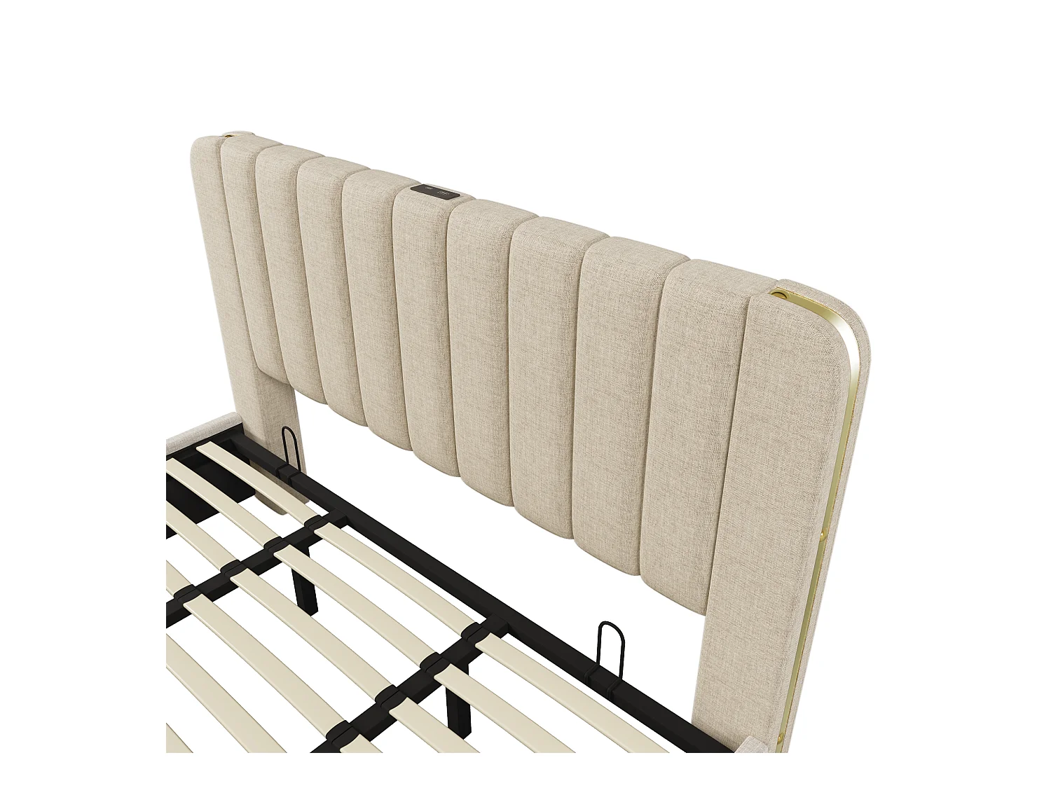 Lit coffre adulte 180x200 cm avec sommier - tête de lit capitonnée avec USB - tissu lin - beige (sans matelas)
