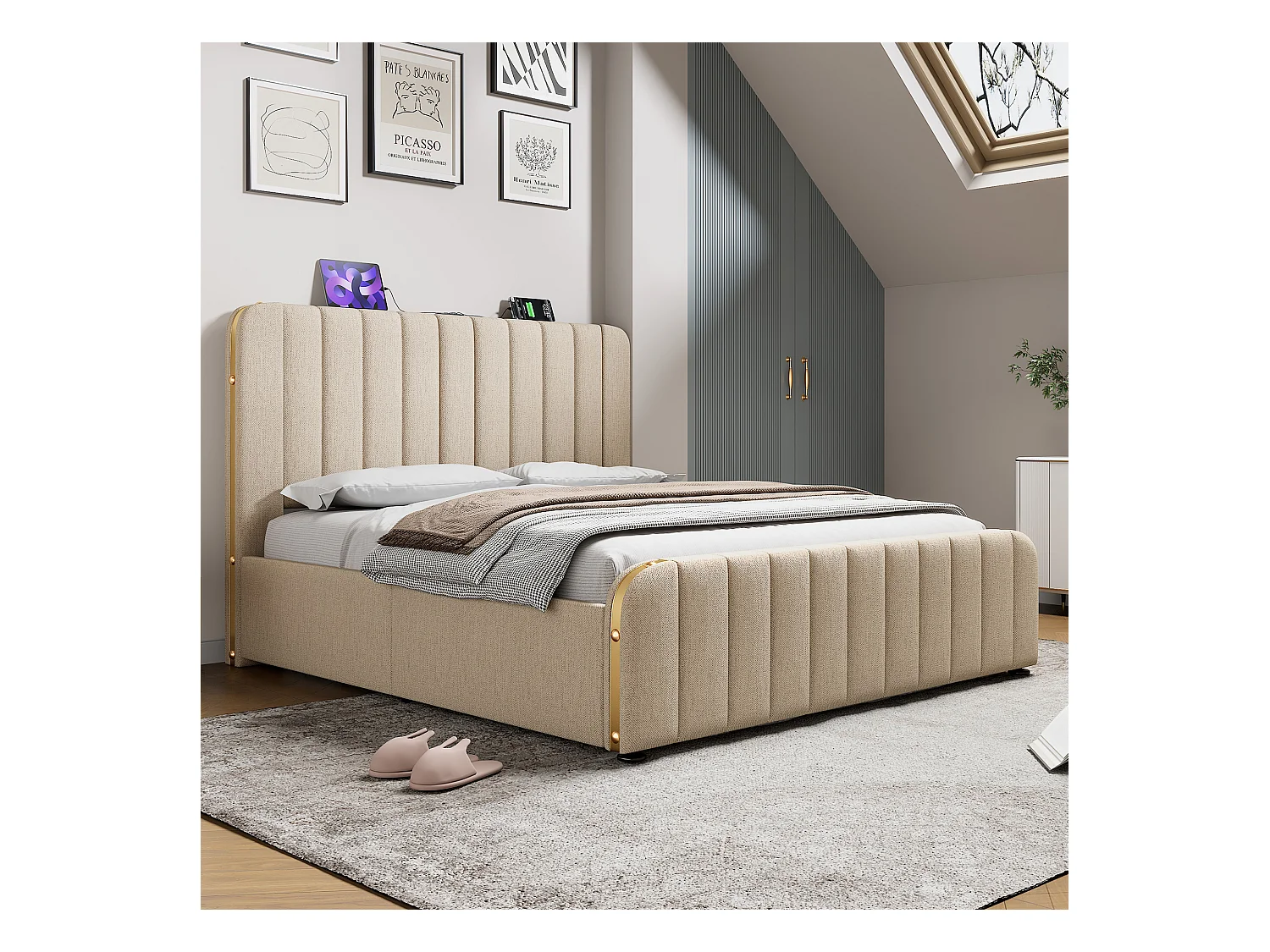 Lit coffre adulte 180x200 cm avec sommier - tête de lit capitonnée avec USB - tissu lin - beige (sans matelas)