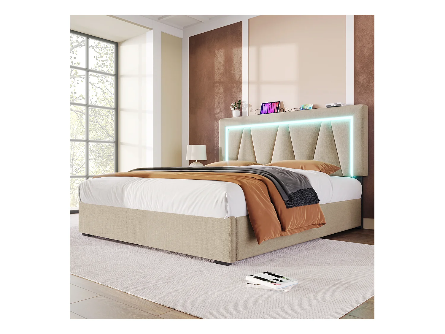 Lit coffre adulte 140x200cm avec sommier - tête de lit réglable avec USB et LED - lin beige (sans matelas)