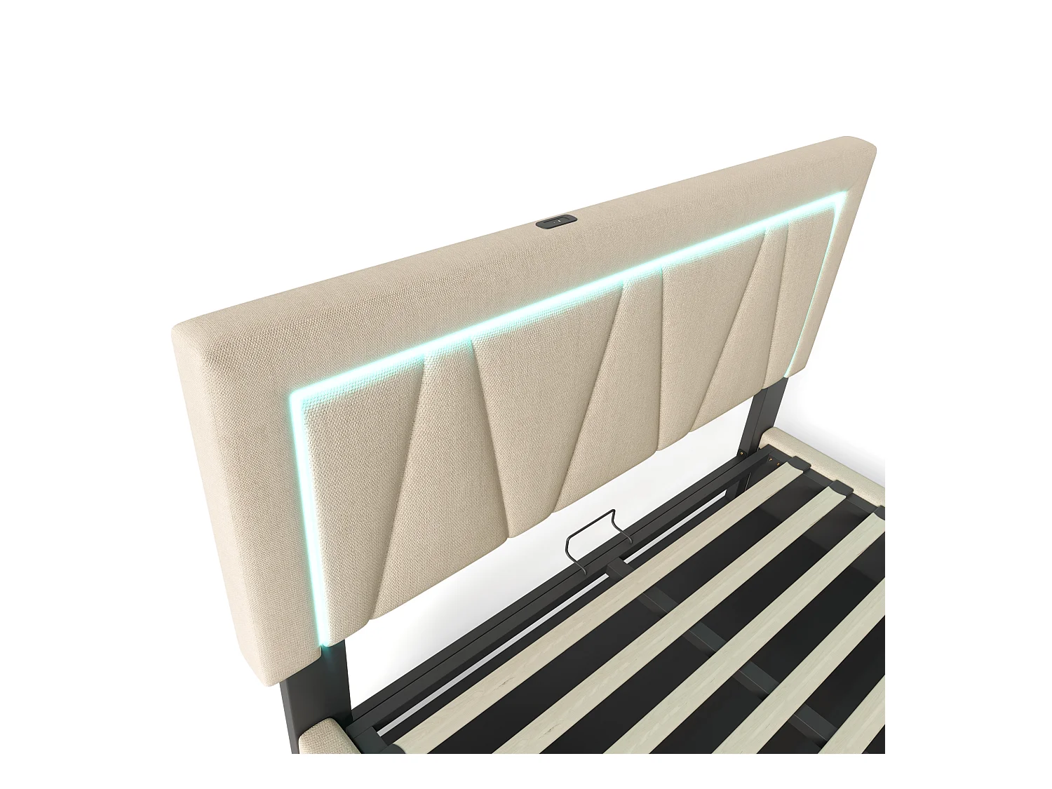 Lit coffre adulte 140x200cm avec sommier - tête de lit réglable avec USB et LED - lin beige (sans matelas)