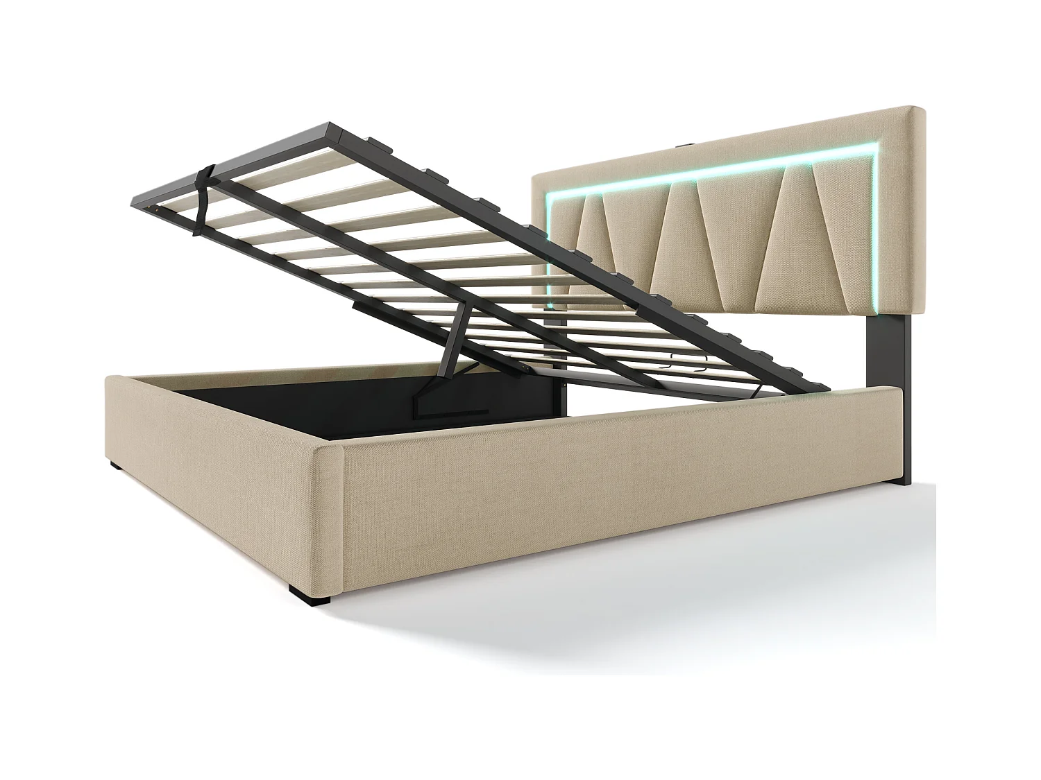 Lit coffre adulte 140x200cm avec sommier - tête de lit réglable avec USB et LED - lin beige (sans matelas)