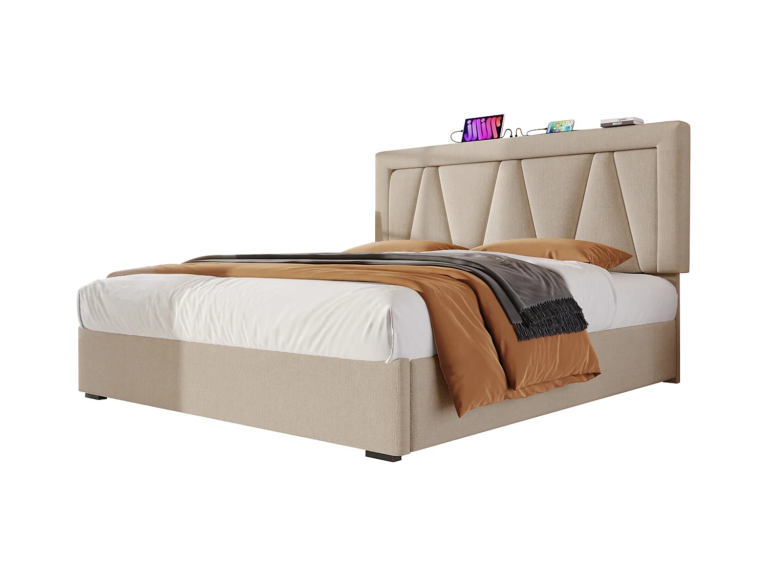 Lit coffre adulte 140x200cm avec sommier - tête de lit réglable avec USB et LED - lin beige (sans matelas)