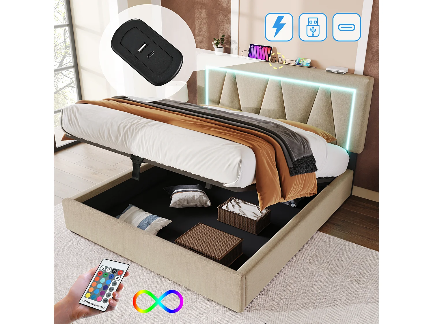 Lit coffre 140x200cm avec sommier - tête de lit réglable avec USB et LED - lin beige (sans matelas)