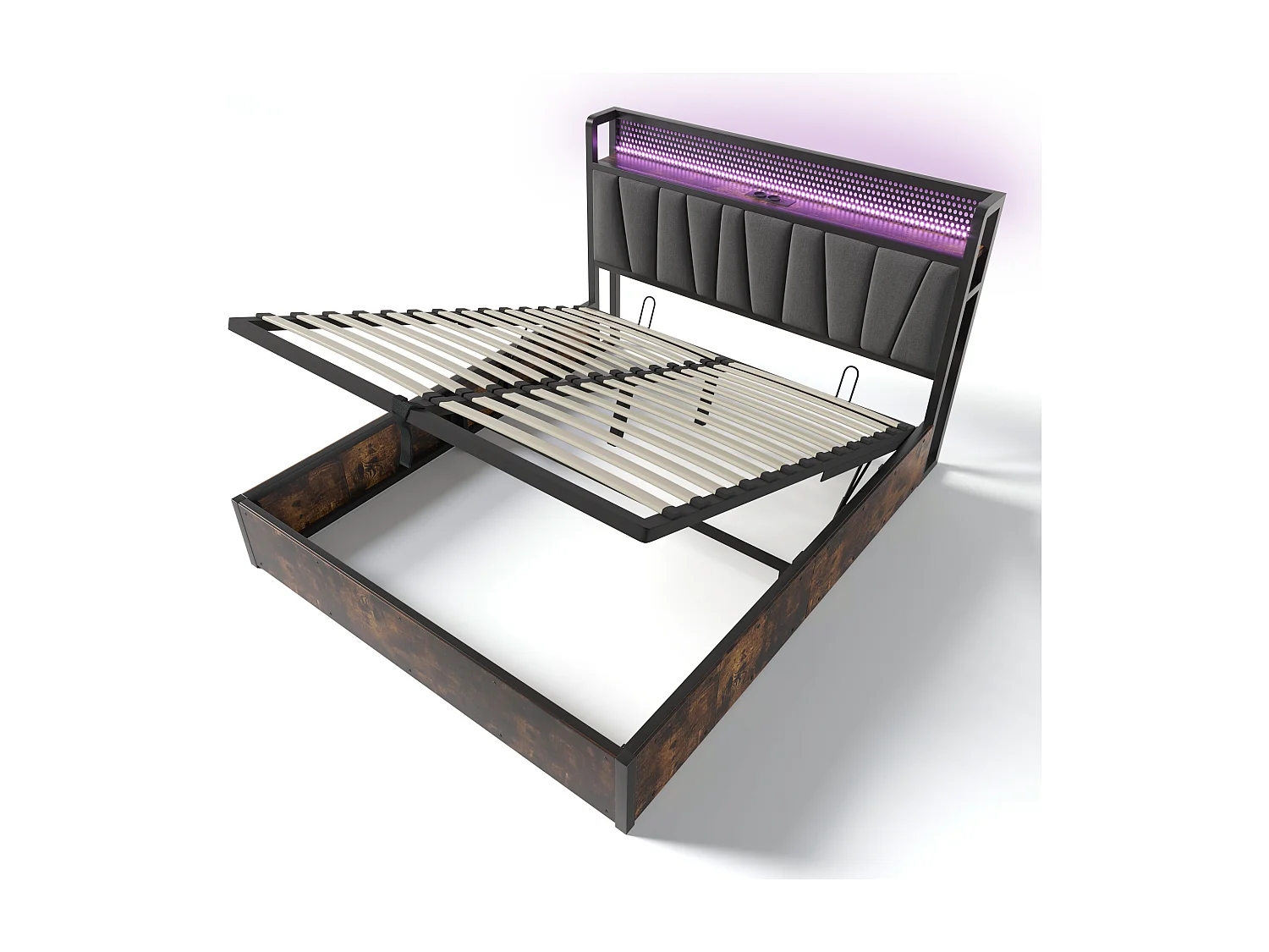 Lit coffre 140x200 cm avec LED prises et USB rangement, en lin, gris (Sans matelas)