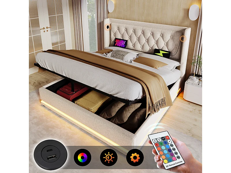 Lit coffre adulte 160x200 cm avec sommier - tête de lit capitonnée avec USB et LED - coton - beige (sans matelas)