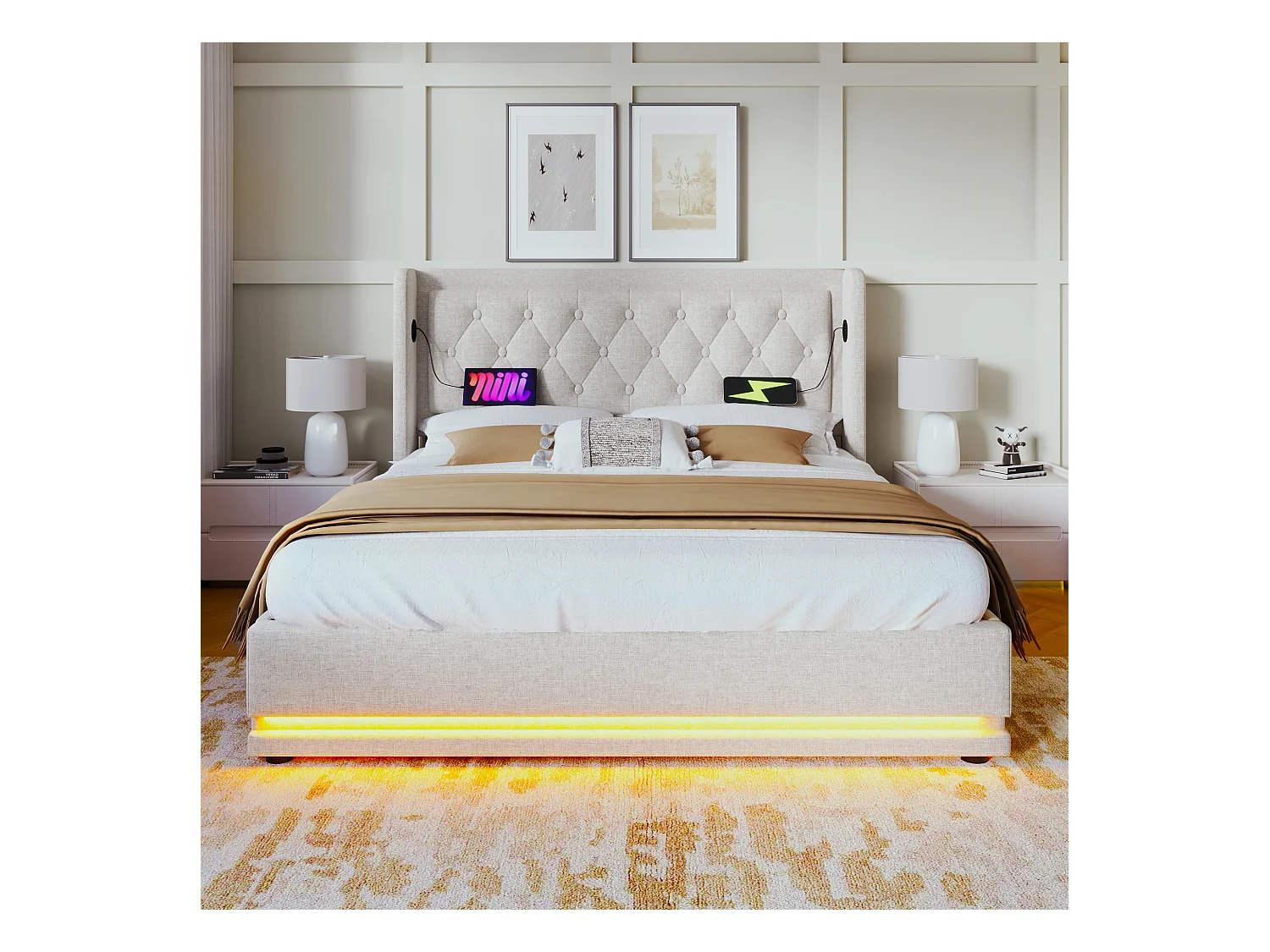 Lit coffre adulte 160x200 cm avec sommier - tête de lit capitonnée avec USB et LED - coton - beige (sans matelas)