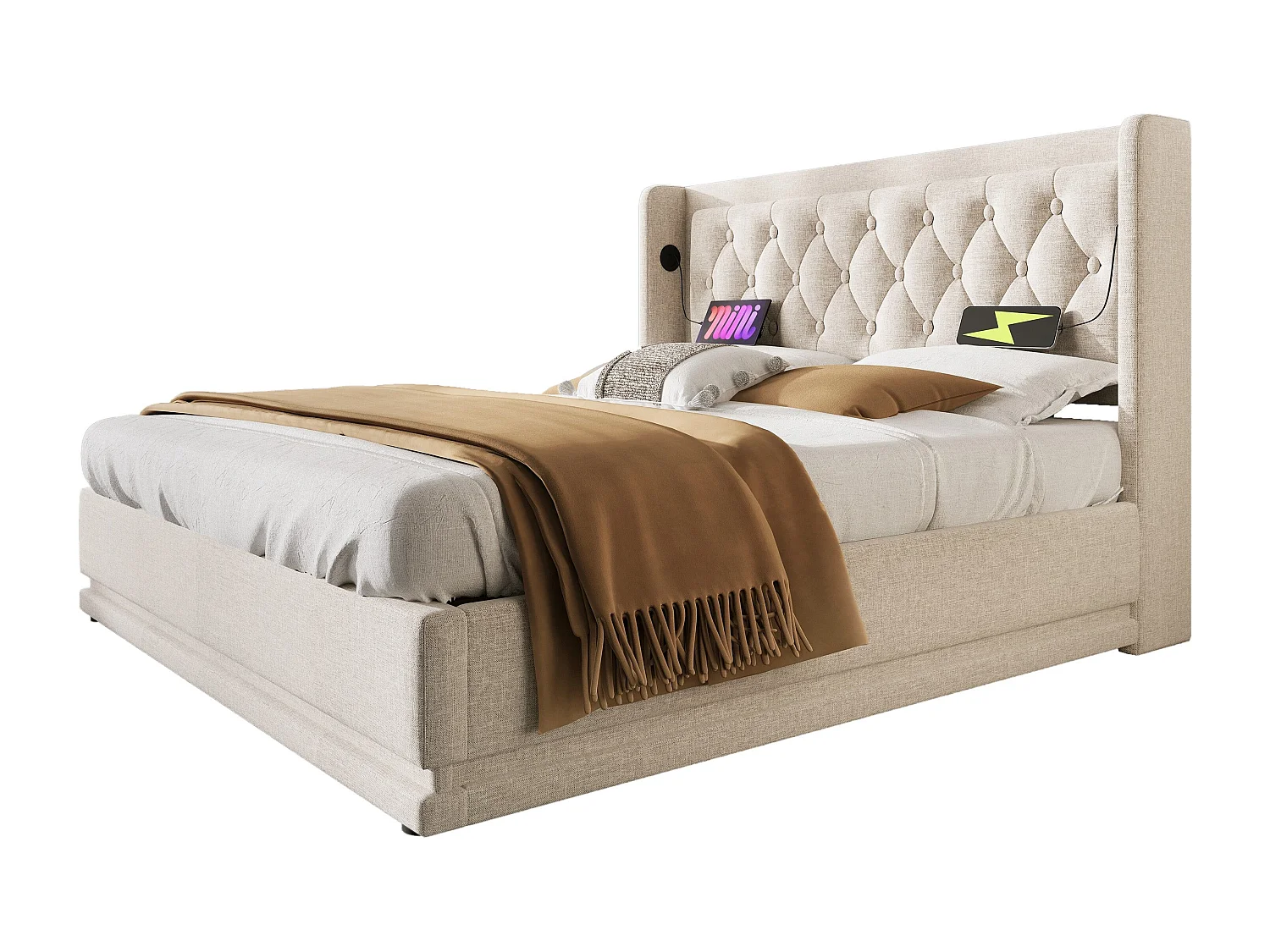 Lit coffre adulte 160x200 cm avec sommier - tête de lit capitonnée avec USB et LED - coton - beige (sans matelas)