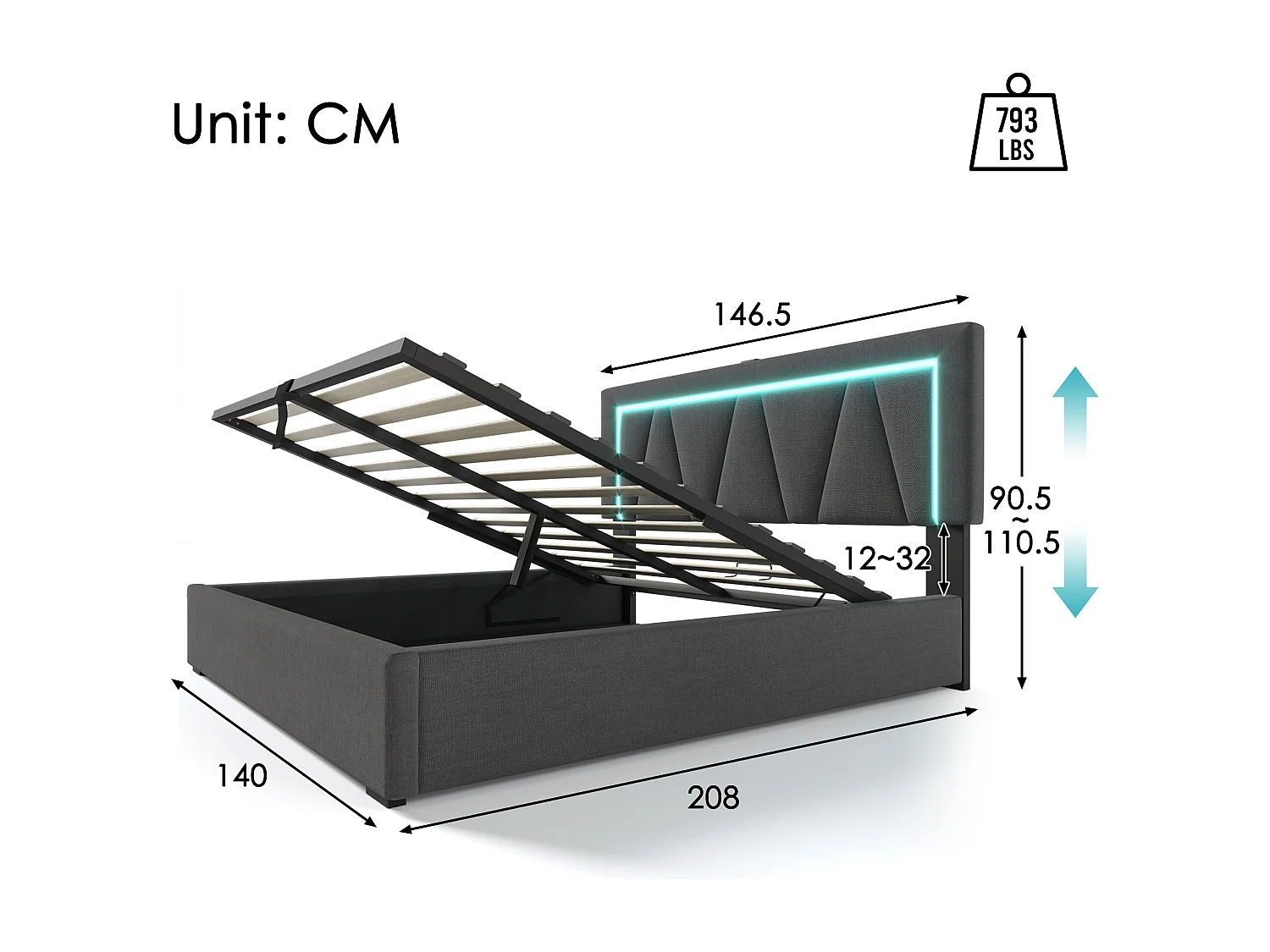 Lit coffre 140x200 cm avec LED ports USB et Type C, avec tête de lit réglable, en lin, gris (Sans matelas)