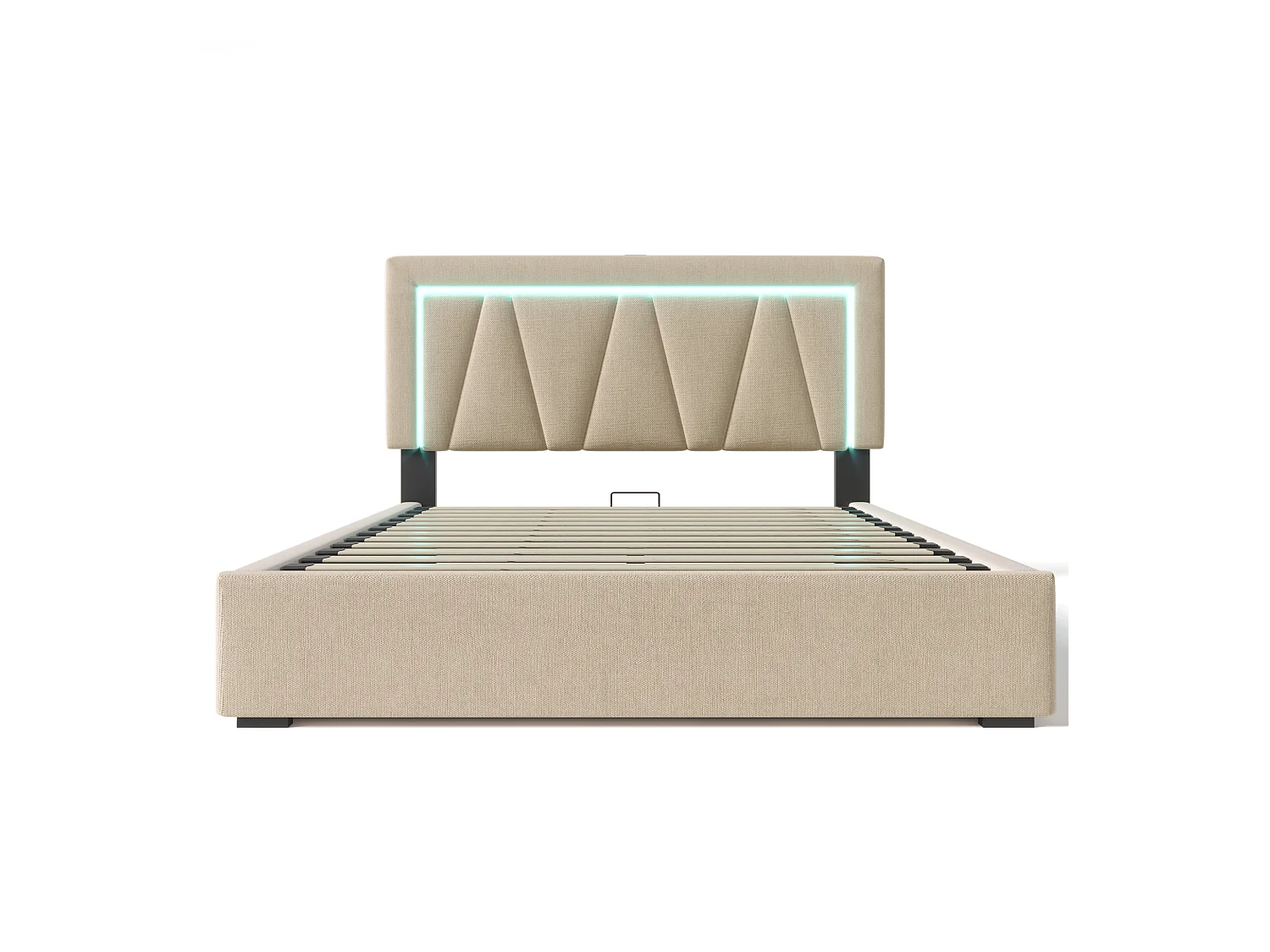 Lit coffre 160x200cm avec sommier - tête de lit réglable avec USB et LED - lin beige (sans matelas)