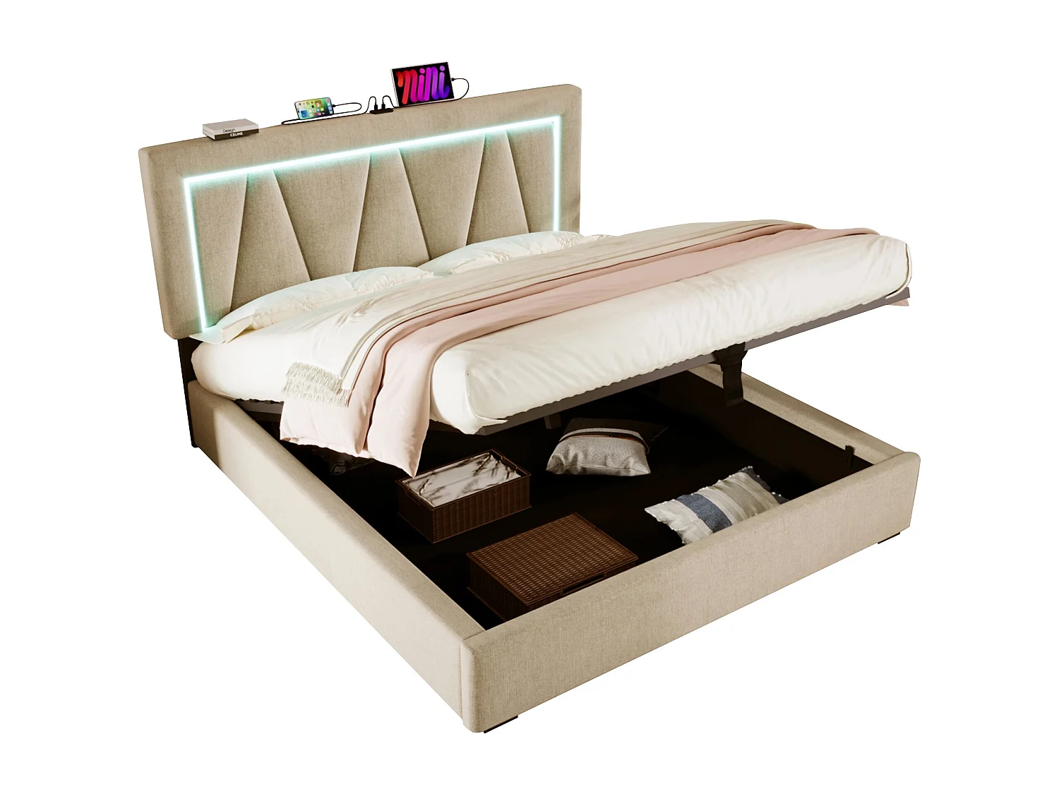 Volwassen opbergbed 160x200cm met bedbodem - verstelbaar hoofdeinde met USB en LED - beige linnen (zonder matras)