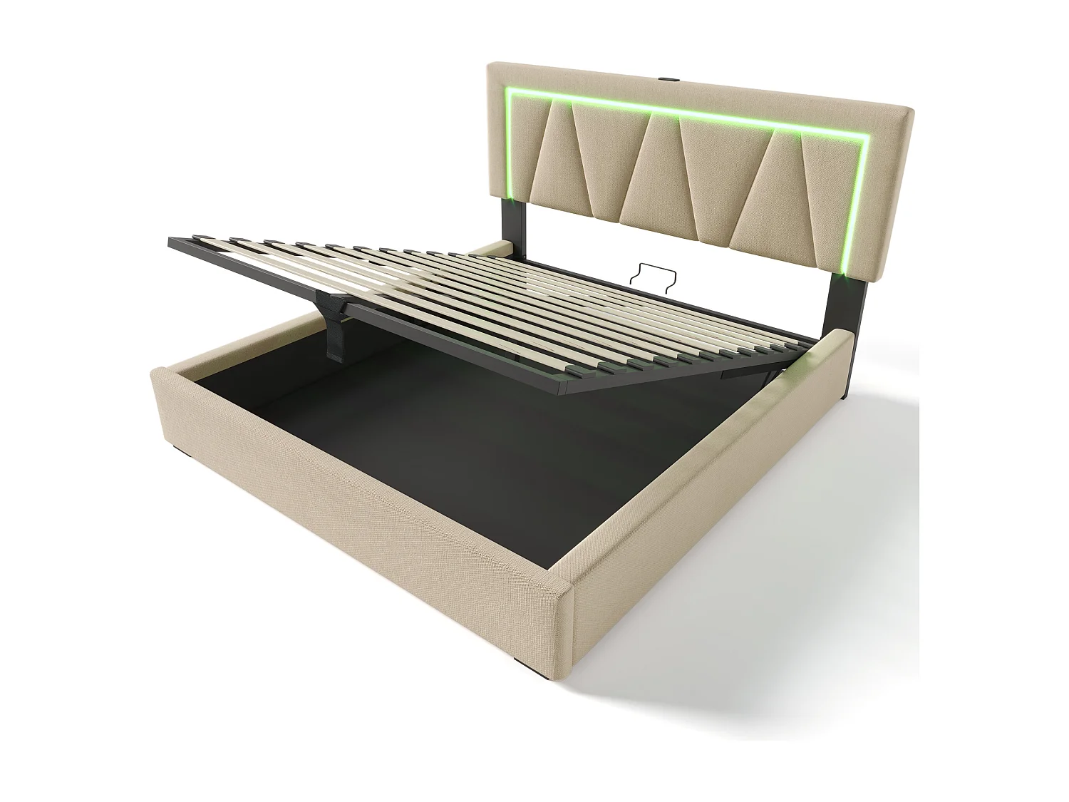 Lit coffre 160x200 cm avec tête de lit réglable, éclairage LED, station de charge USB Type C, sommier à lattes en lin beige (Sans matelas)