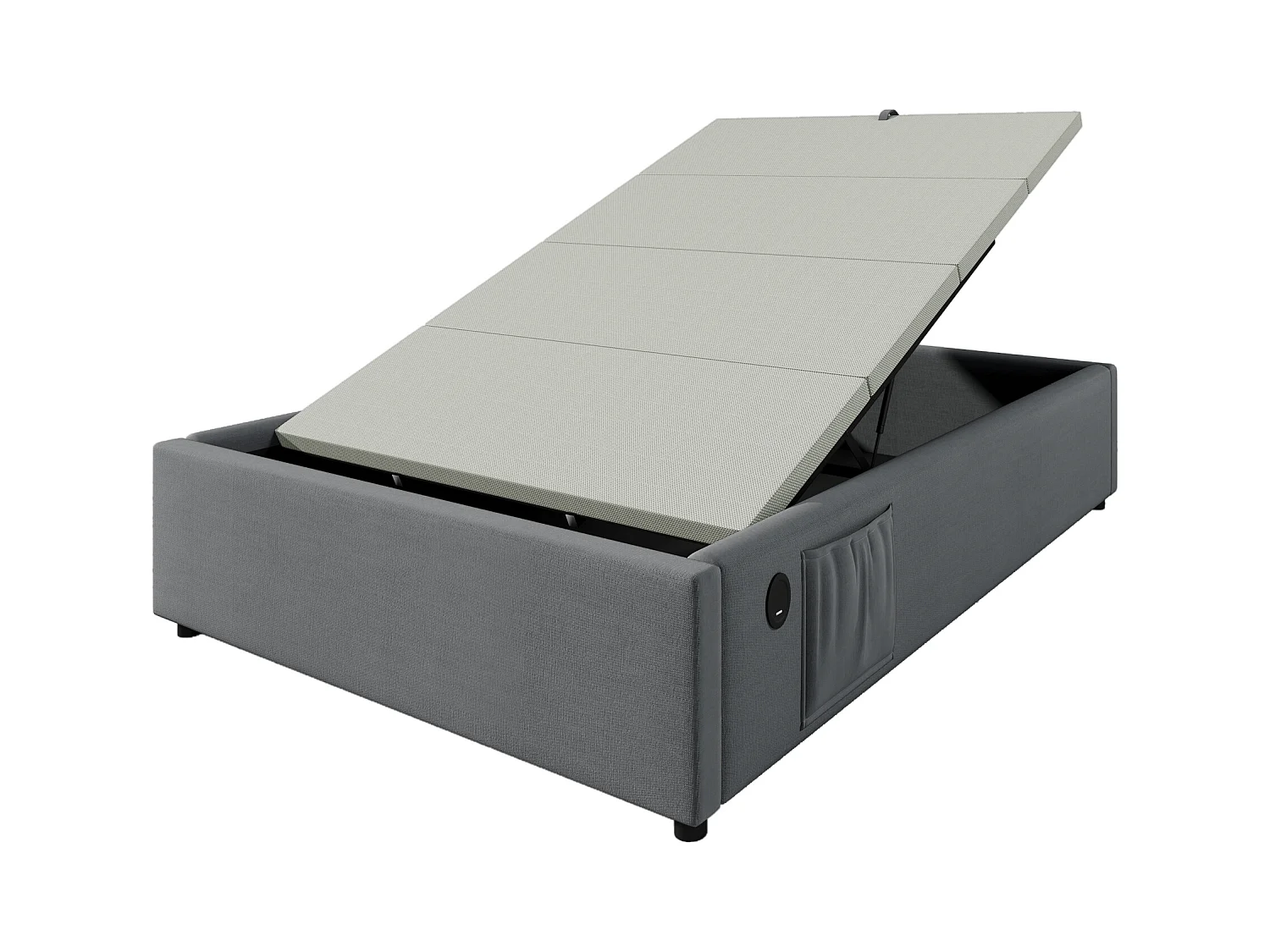 Lit coffre 90x200 cm - lit capitonnée avec USB - coton lin - gris - sans tête de lit ni matelas