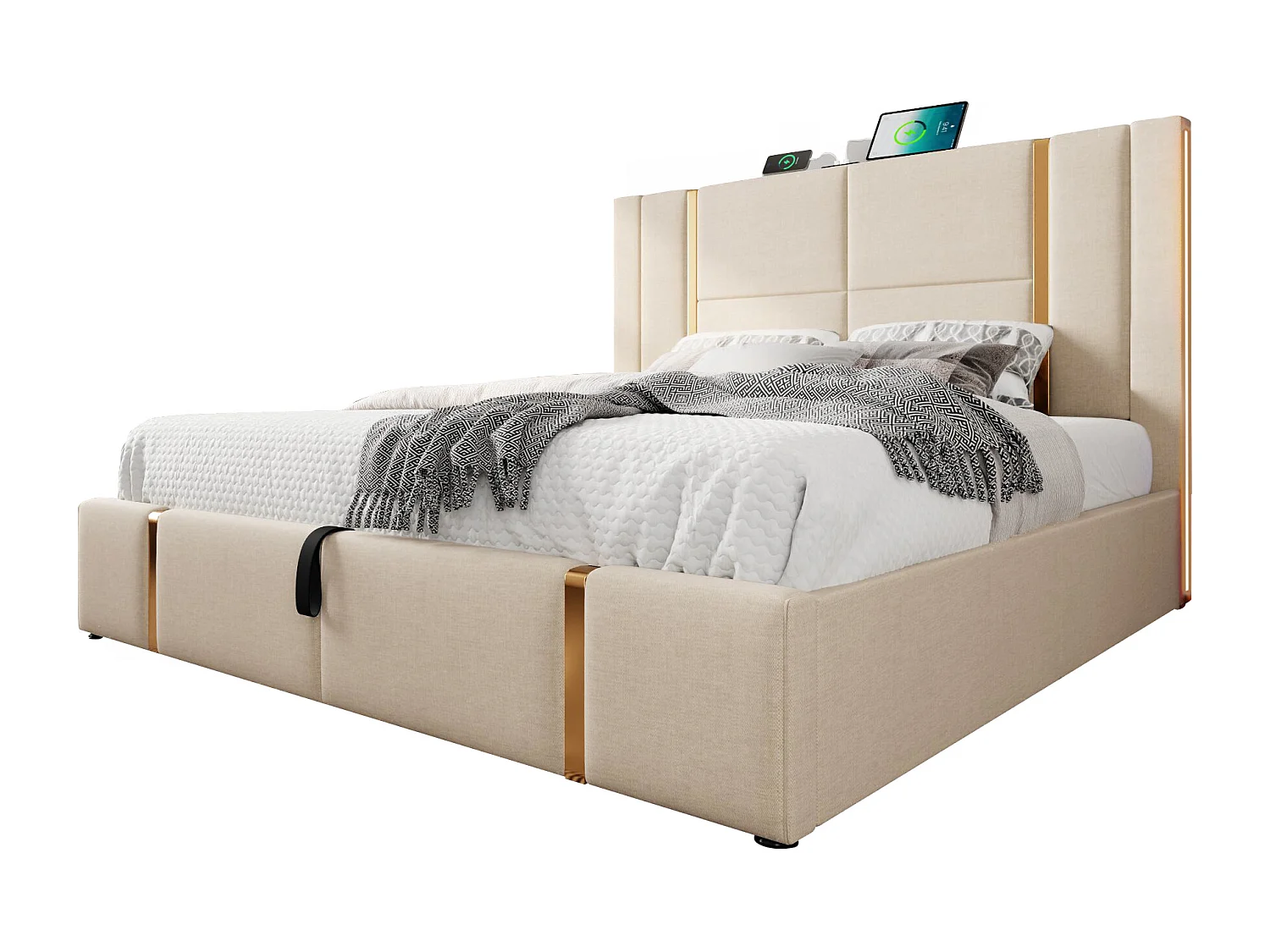 Lit coffre 140x200 cm avec sommier - tête de lit capitonnée avec USB et LED - lin - beige (sans matelas)