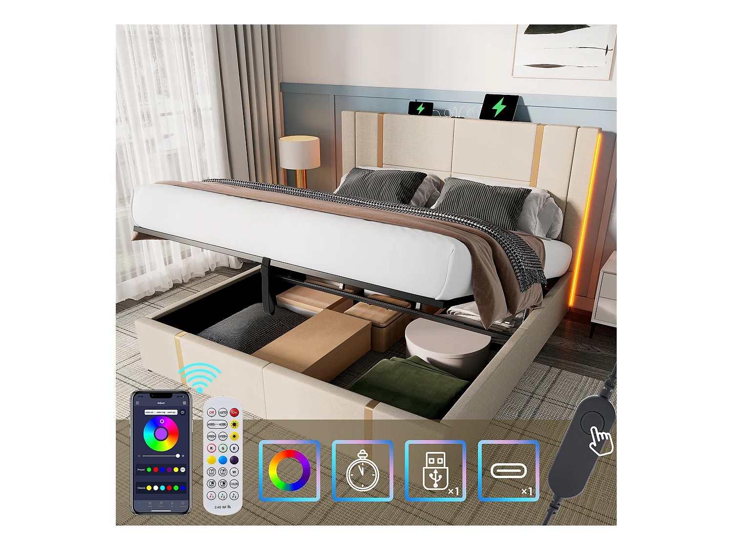 Lit coffre adulte 140x200 cm avec sommier - tête de lit capitonnée avec USB et LED - lin - beige (sans matelas)