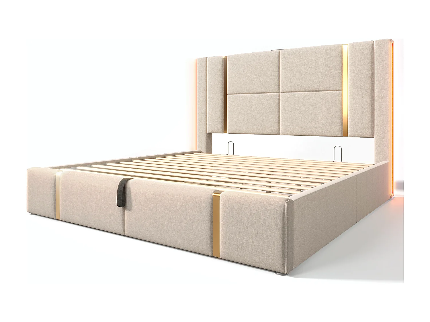 Volwassen opbergbed 140x200 cm met bedbodem - gewatteerd hoofdeinde met USB en LED - linnen - beige (zonder matras)