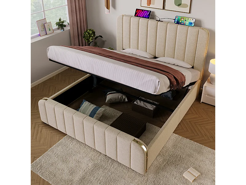 Lit coffre adulte 160x200 cm avec sommier - tête de lit capitonnée avec USB - tissu lin - beige (sans matelas)