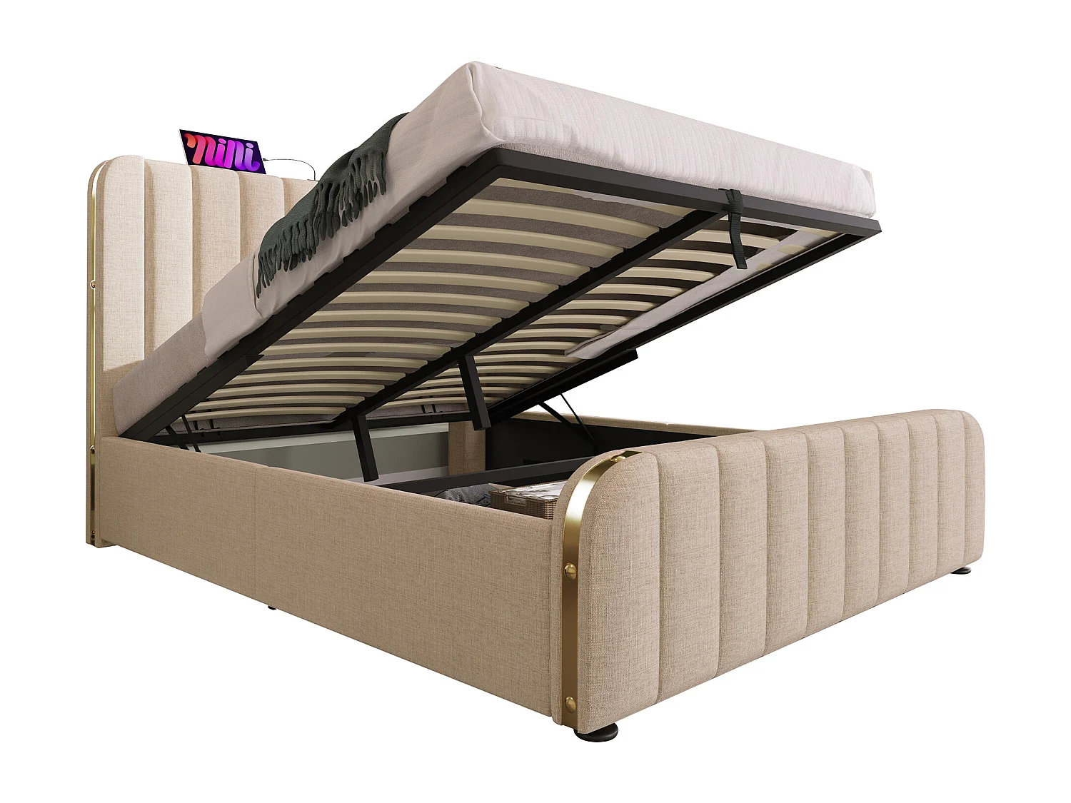 Lit coffre adulte 160x200 cm avec sommier - tête de lit capitonnée avec USB - tissu lin - beige (sans matelas)