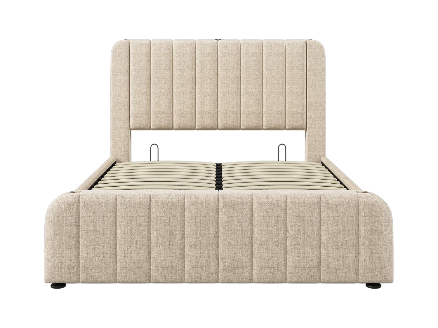 Lit coffre 140x200 cm avec sommier - tête de lit capitonnée avec USB - tissu lin - beige (sans matelas)