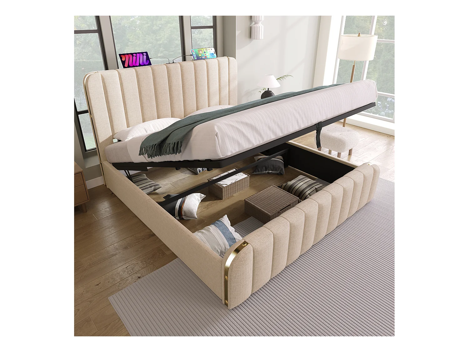 Lit coffre adulte 140x200 cm avec sommier - tête de lit capitonnée avec USB - tissu lin - beige (sans matelas)