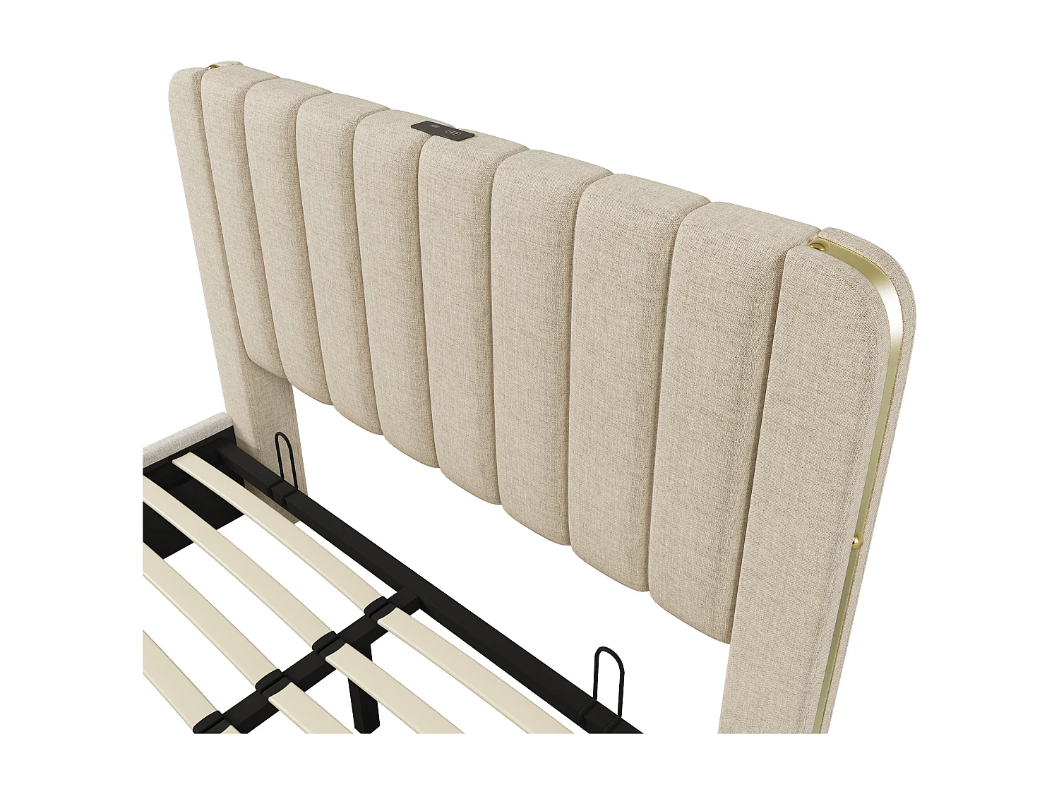 Volwassen opbergbed 140x200 cm met lattenbodem - gewatteerd hoofdeinde met USB - linnen stof - beige (zonder matras)