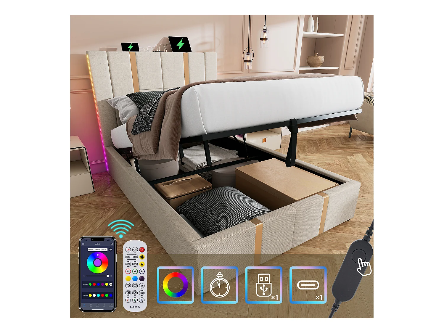 Lit coffre enfant 90x200 cm avec sommier - tête de lit capitonnée avec USB et LED - lin - beige (sans matelas)