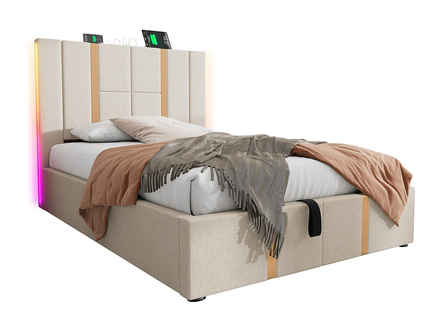 Kinderbed met opbergruimte 90x200 cm met lattenbodem - gewatteerd hoofdeinde met USB en LED - linnen - beige (zonder matras)