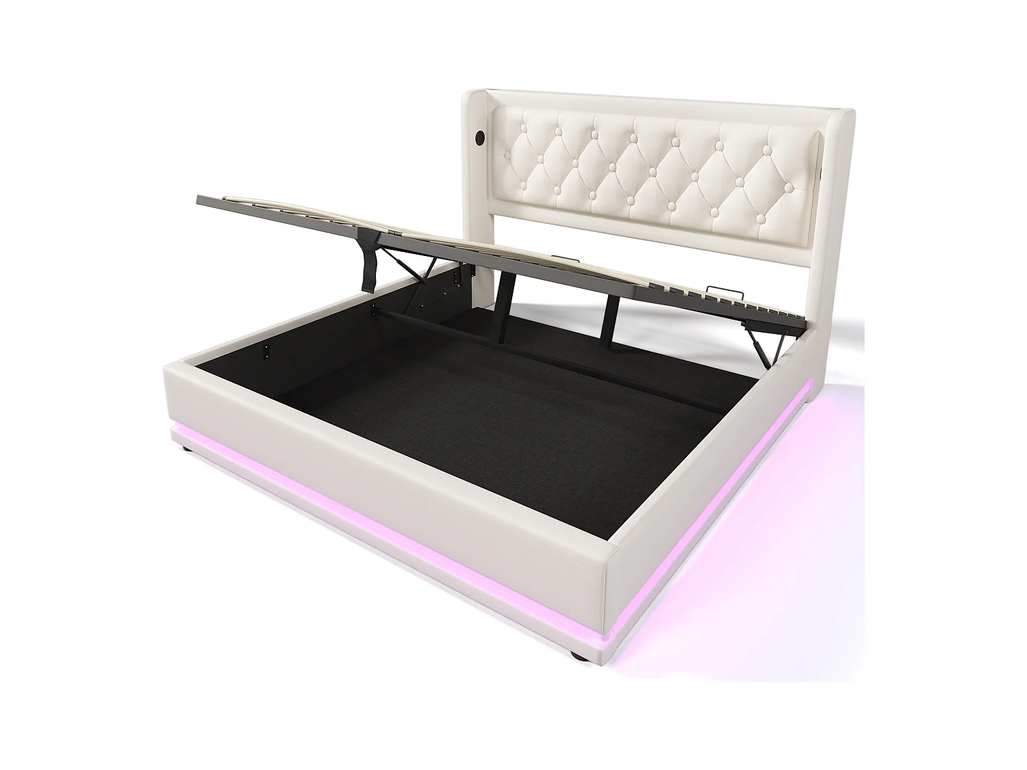 Lit coffre 140x200 cm avec sommier - tête de lit capitonnée avec USB et LED - similicuir - blanc (sans matelas)