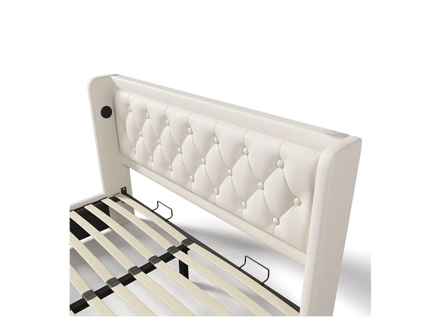 Lit coffre 140x200 cm avec sommier - tête de lit capitonnée avec USB et LED - similicuir - blanc (sans matelas)